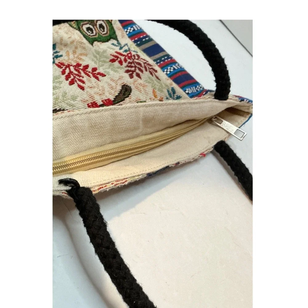 Vintage Owl Tapestry Tote Bag Boho Striped Woven Handbag Small